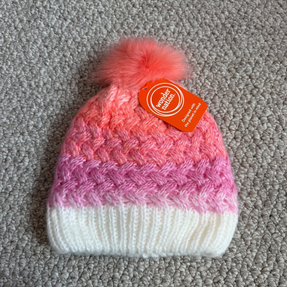 Wonder Nation Girls Ombre Knit Beanie Hat Pom Pom Faux Fur‎ Lined OSFM